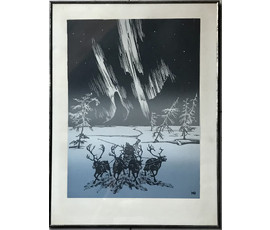 Мешков В.И. - Народный художник РСФСР. Линогравюра "Ночной рейс", 1973 год; 49,4/37, 2 см с рамой №1808