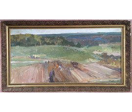 Рожков В.З. "На уборке картофеля", ДВП, масло. Размер 120х60 см. №571