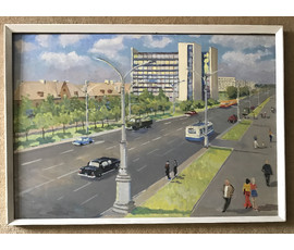 Булычев Ю.А. "Минск.Проспект Ленина завод Агат",1970г. Картон, масло. Размер 60х85 см. №751