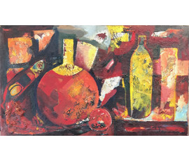 Акулов В.И. "Натюрморт с круглой бутылью", 1994 г. Холст, масло. Размер 60х100 см №776