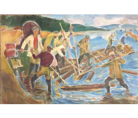 Фото: Крохалев П.С. (Крохолев) "На лесосплаве",1977 г. Оргалит, масло. Размер 52х77см. - Артикул №818