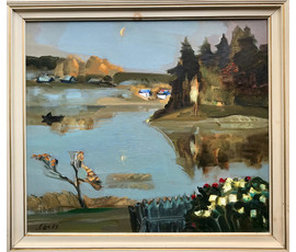 Щемелев Л.Д. "Вечар на возеры", 1989 год. Размеры в родной раме 65,5/59,5 см №1549 НЕТ В НАЛИЧИИ