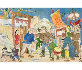 Китайская акварель «Вручение фонарика крестьянской семье...», сер. ХХ в. №1063