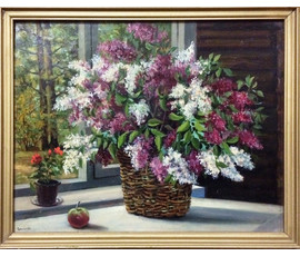 Фото: Гамов А.И "Сирень в окне", 1994г. Картон, масло.Размер 30х25 см. - Артикул №349