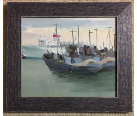 Сухорипа Н.Ф "В порту", 1950г. ДВП, масло.Размер 23,5х28 см. №525