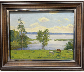 Бархатков И.А "У озера", 1987г. Холст, масло. Размер с рамой 49х39 см. № 4020
