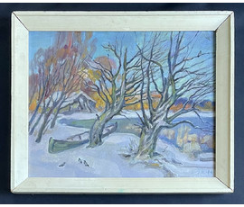 Фото: Поплавский Г.Г "Зимний пейзаж с лодкой и домиком", 2004г. Холст, акрил. Размер 40х50 см. № 3625 - Артикул №3625