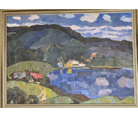 Фото: Гугель А.С "Пейзаж с озером", 1973 год. Холст, масло. Вероятно Логойщина. Размер с рамой 72,5х98,5 см. № 3846 - Артикул №3846