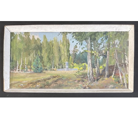 Бржозовский Г.Ф "Маёнак Дзяржынава пасля пажару 1941г.",1949г. Холст на картоне, масло. Размер 39х77 см. № 3442