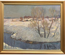 Козловский А.С "Зима", 1978 г. Картон, масло. Размер с рамой 69х57,5 см. № 4086