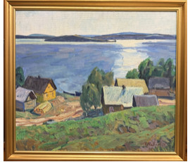 Фото: Козловский А.С "Край голубых озёр", 1980 г. ДВП, масло. Размер с рамой 74х66,5 см. № 4089 - Артикул №4089