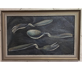 Шарков В.В. "Вилки и ложка", 1987г. ДВП, масло. Размер 57,5х37.5см. №1449