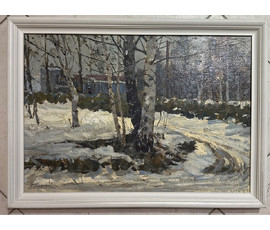 Корженевский А.С "Талый снег", 1973г. Картон, масло. Размер 35х49 см. № 3023