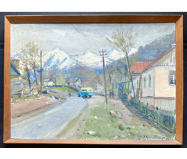 Фото: Красовский Е.Е "Красная поляна", 1953г. Холст на картоне, энкаустика. Размер с родной рамой 72,5х53,5 см. № 4002 - Артикул №4002