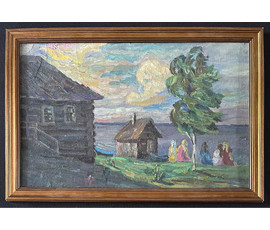 Фото: Попович М.И "Вечер в деревне", 1977г. Картон, масло. Размер 34х53 см. № 2909 - Артикул №2909