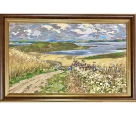Белоусов В.П "Нарочанские хлеба", 1976г. ДВП, масло. Размер 76,5х45 см. № 3540