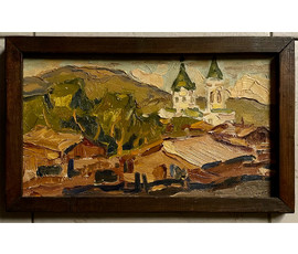 Кубарев В.Г "Пейзаж с храмом", 1973г. ДВП, масло. Размер 20х33 см. № 2585