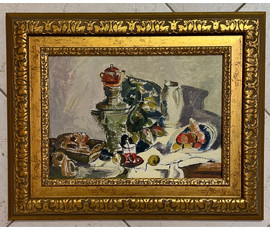 Казак О.И "У самовара", 1971г. Картон, масло. Размер 30х21.5 см. № 2849