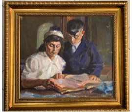 Волков Юрий Александрович. Картина "За Чтением". 1987г. 49х43см. № 1897