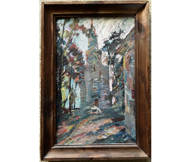 Дягилева-Беляева Ксения "Храм у Жыровічах", 1991г. Картон,масло. Размер 42х29 см. с рамой. № 2278