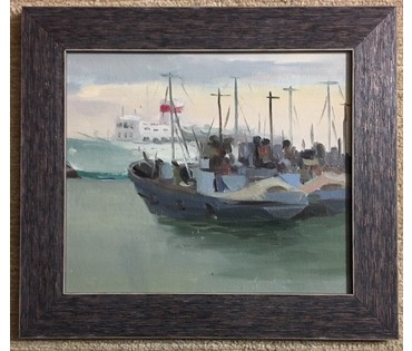 Сухорипа Н.Ф "В порту", 1950г. ДВП, масло.Размер 23,5х28 см. (артикул №525) - фото №1