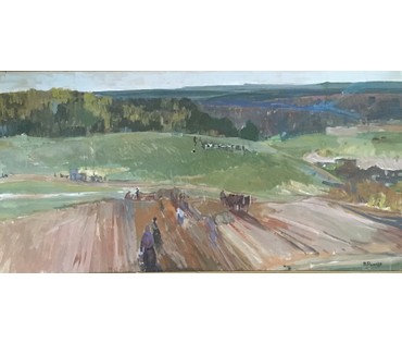 Рожков В.З. "На уборке картофеля", ДВП, масло. Размер 120х60 см. №571