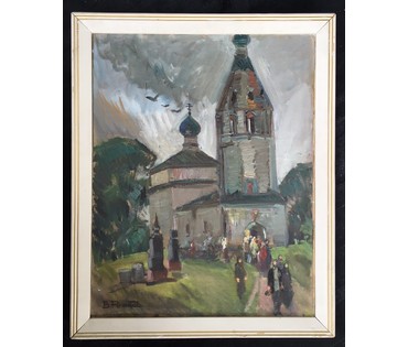Рожков В.З. КАТАЛОЖНАЯ "Церковь Палех", 1981 г. Холст, масло. Размер 76х60 см. №581