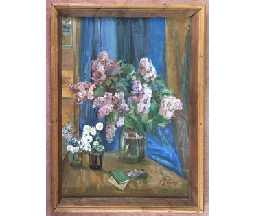Рожков В.3. "Сирень цветет", 1978 г. ДВП, масло. Размер 117х83 см. №592