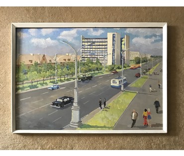 Булычев Ю.А. "Минск.Проспект Ленина завод Агат",1970г. Картон, масло. Размер 60х85 см. (артикул №751) - фото №4