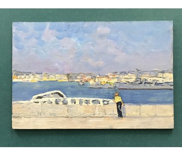 Булычев Ю.А. “Пристань.Севастополь”, 1972 г. Картон, масло. Размер 22х33см. (артикул №753) - фото №2