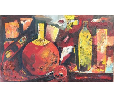 Акулов В.И. "Натюрморт с круглой бутылью", 1994 г. Холст, масло. Размер 60х100 см (артикул №776) - фото №1