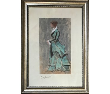Кубарев В.Г. "Дама". Бумага, акварель, гуашь. Размер 42х57,5 см. с рамой и паспарту. (артикул №875) - фото №3