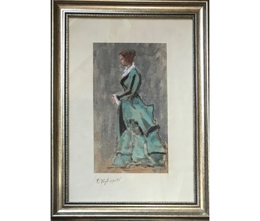 Кубарев В.Г. "Дама". Бумага, акварель, гуашь. Размер 42х57,5 см. с рамой и паспарту. (артикул №875) - фото №6