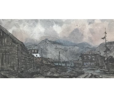 Кубарев В.Г. “Сибирское село”,1964г. Бумага, гуашь, акварель. Размер 68х100 см. с рамой и паспарту. (артикул №885) - фото №3