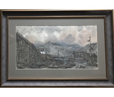 Кубарев В.Г. “Сибирское село”,1964г. Бумага, гуашь, акварель. Размер 68х100 см. с рамой и паспарту. (артикул №885) - фото №4