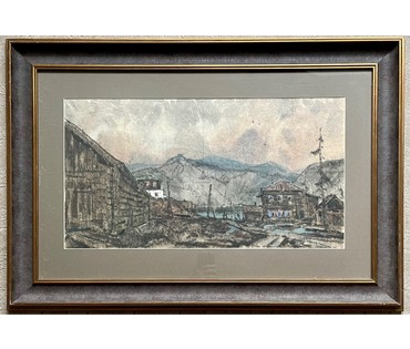 Кубарев В.Г. “Сибирское село”,1964г. Бумага, гуашь, акварель. Размер 68х100 см. с рамой и паспарту. (артикул №885) - фото №1