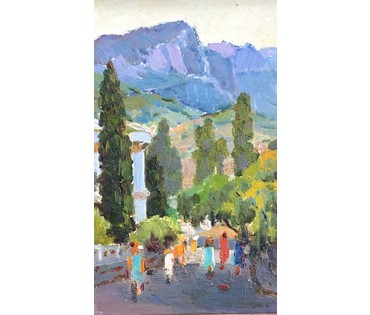 Маслеников П.В. “Крым”, 1977 г. Картон, масло. Размер 20х31 см. с рамой 34х45см. (артикул №1001) - фото №4