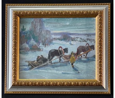Рожков В.З. “Эх, Вы, сани...”,картон, масло. Размер с рамой и паспарту 20х25 см. (артикул №1002) - фото №2