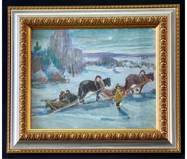 Рожков В.З. “Эх, Вы, сани...”,картон, масло. Размер с рамой и паспарту 20х25 см. (артикул №1002) - фото №3