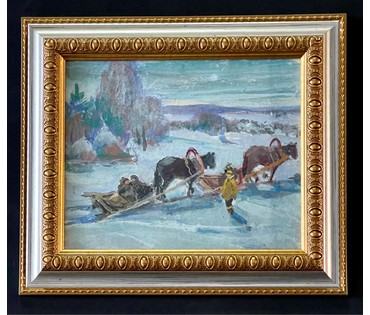 Рожков В.З. “Эх, Вы, сани...”,картон, масло. Размер с рамой и паспарту 20х25 см. (артикул №1002) - фото №1