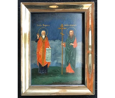 Святые равноапостольные Кирилл и Мефодий, сер. XIX в. Холуй темнофонный. Горбуновская мастерская. (артикул №194) - фото №5