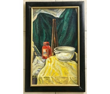 Скрипниченко Г.С. - художник-сюрреалист, "белорусский Дали". "Натюрморт" (с красной бутылкой) 1966г. ДВП, масло. Размер 61,5х37 см. (артикул №1249) - фото №5