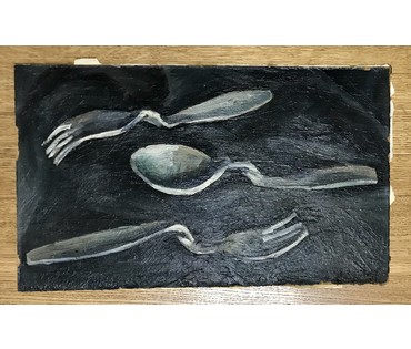 Шарков В.В. "Вилки и ложка", 1987г. ДВП, масло. Размер 57,5х37.5см. (артикул №1449) - фото №2