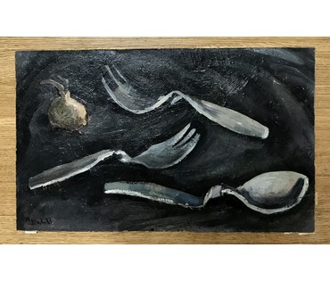 Шарков В.В. "Вилки и ложка" 1987г. ДВП, масло. Размер 57х37,5 см. (артикул №1450) - фото №2