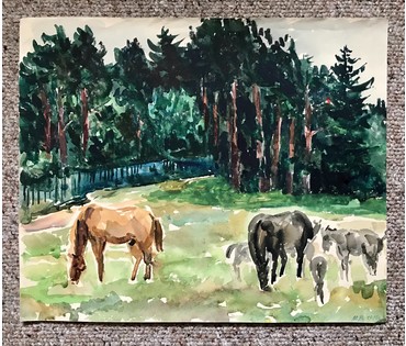 Михеева В.Н. Акварель "Лошадки", 1970 год; 46х38 см (артикул №1505) - фото №1