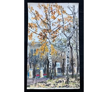 Минск. Михеева В.Н. Акварель "Стадион по ул. Кирова в г. Минске", 1975 год; 54,5/33 см (артикул №1532) - фото №1