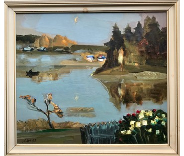 Щемелев Л.Д. "Вечар на возеры", 1989 год. Размеры в родной раме 65,5/59,5 см НЕТ В НАЛИЧИИ (артикул №1549) - фото №1