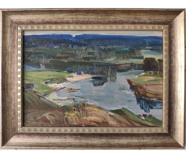 Рожков В.З. "На реке", 1972г. Картон, масло. Размер 48х33,5 см. С рамой 62х47,5 см. (артикул №1596) - фото №1