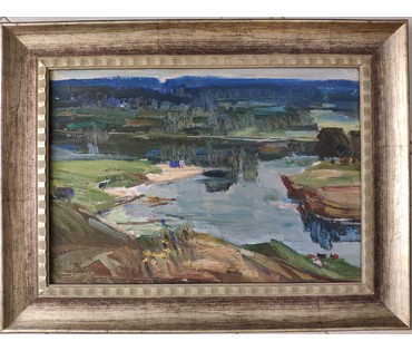 Рожков В.З. "На реке", 1972г. Картон, масло. Размер 48х33,5 см. С рамой 62х47,5 см. (артикул №1596) - фото №3