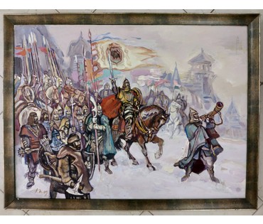 Каталожный Поплавский Г.Г. "Выступление дружины"2006г.Холст, акрил. Размер 60х80 см. (Сигнал перед боем). Эскиз росписи для Национальной библиотеки Республики Беларусь. (артикул №1676) - фото №5